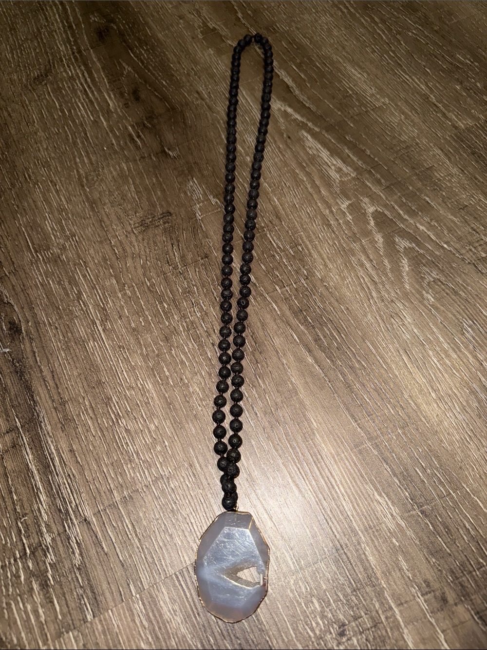 Black Beaded Necklace with Blue Agate Pendant - Men Accessories